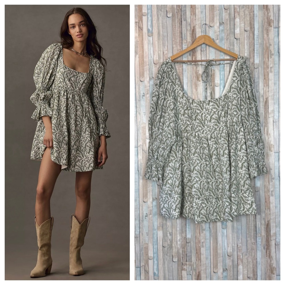 Anthropologie Pilcro Vine Leaf Babydoll Mini Dress Square Neck Long Sleeve 3X
